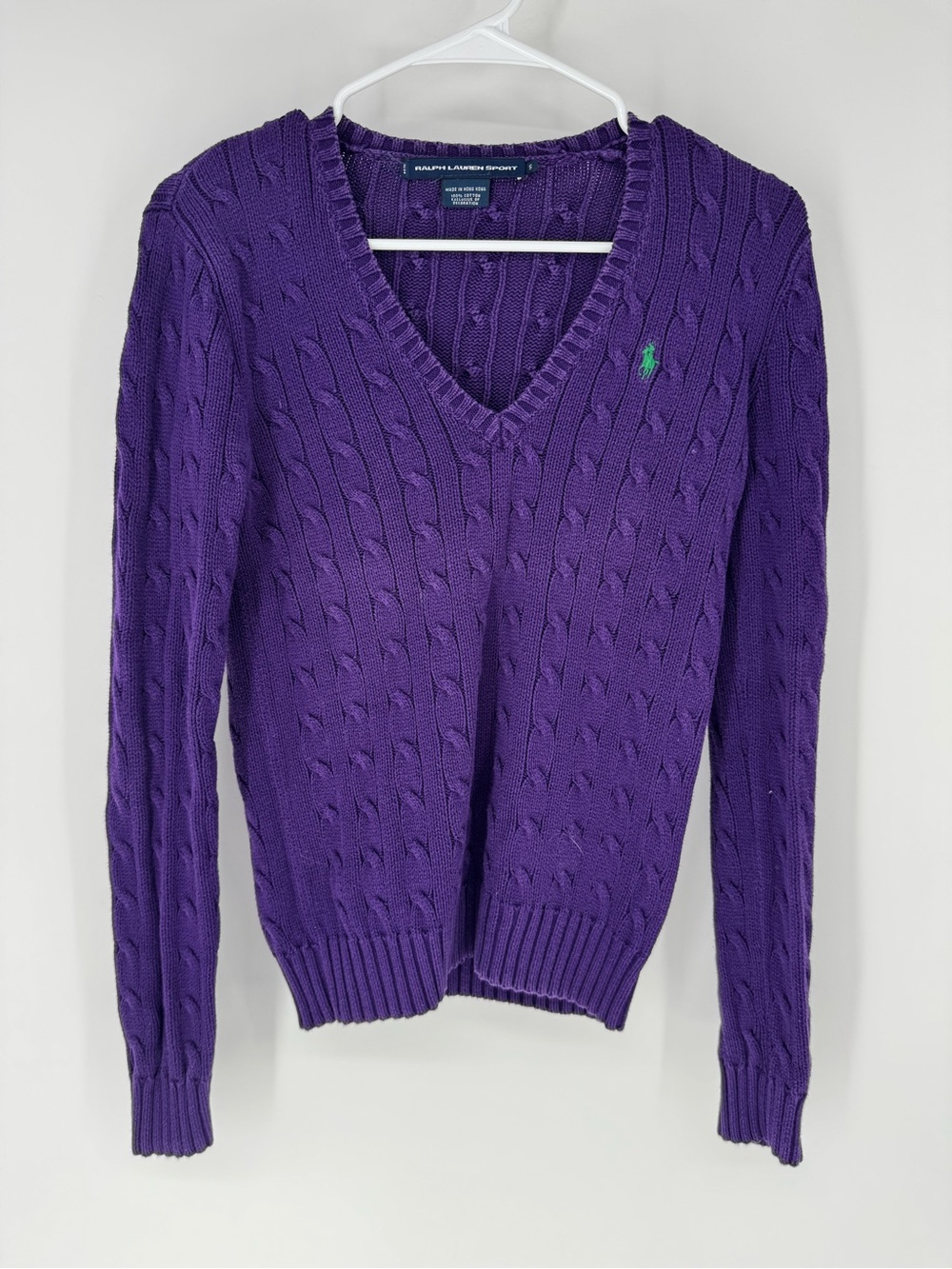 Ralph Lauren Women's Purple Cable-Knit V-Neck Sweater